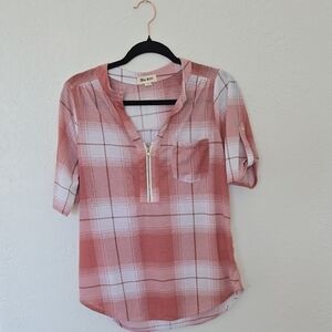 Chic Plaid Zipper Blouse - Coral and White